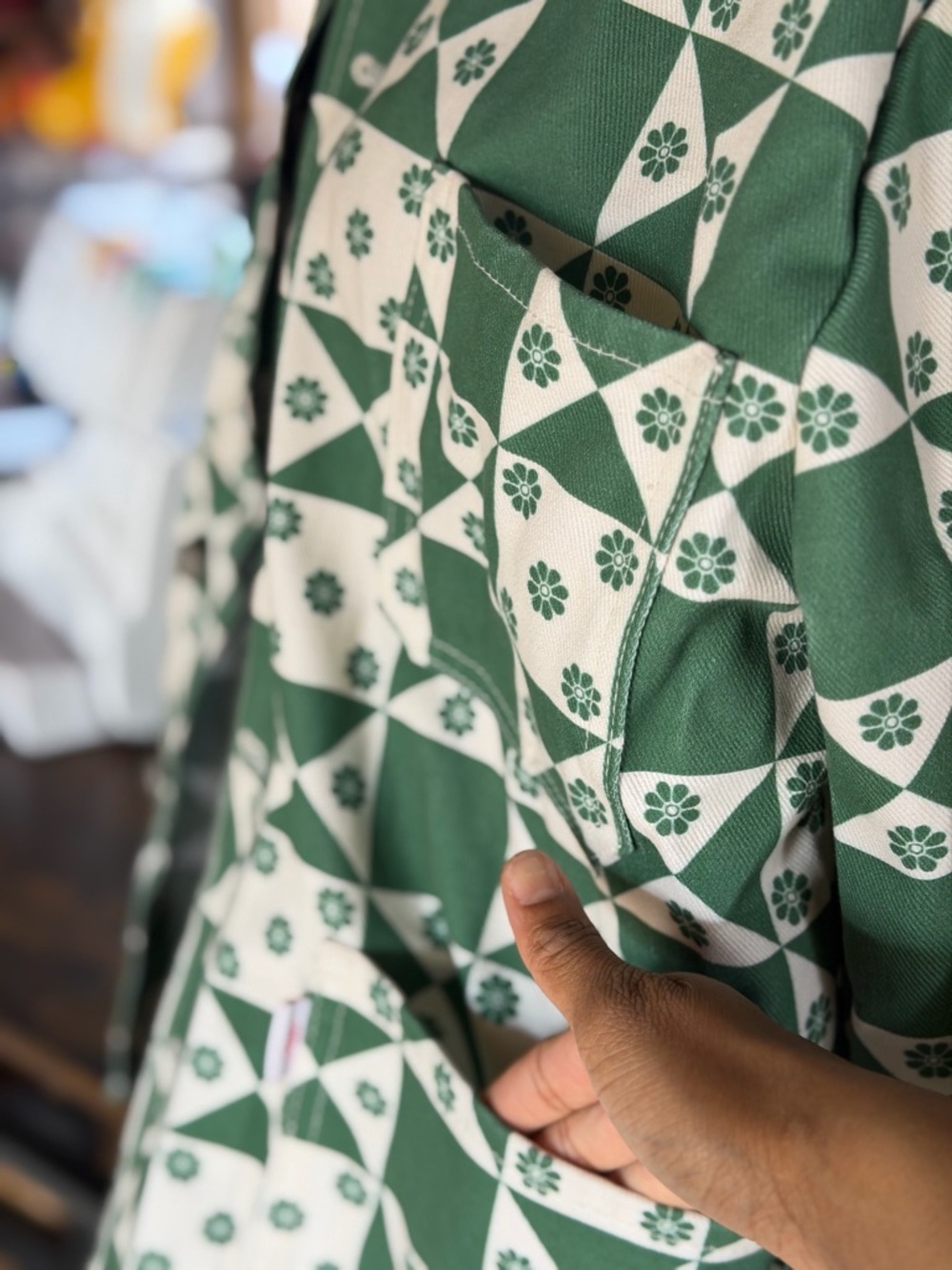 Lisa Says Gah Green and White Geometric Patchwork Jean Jacket - Picture 4 of 7